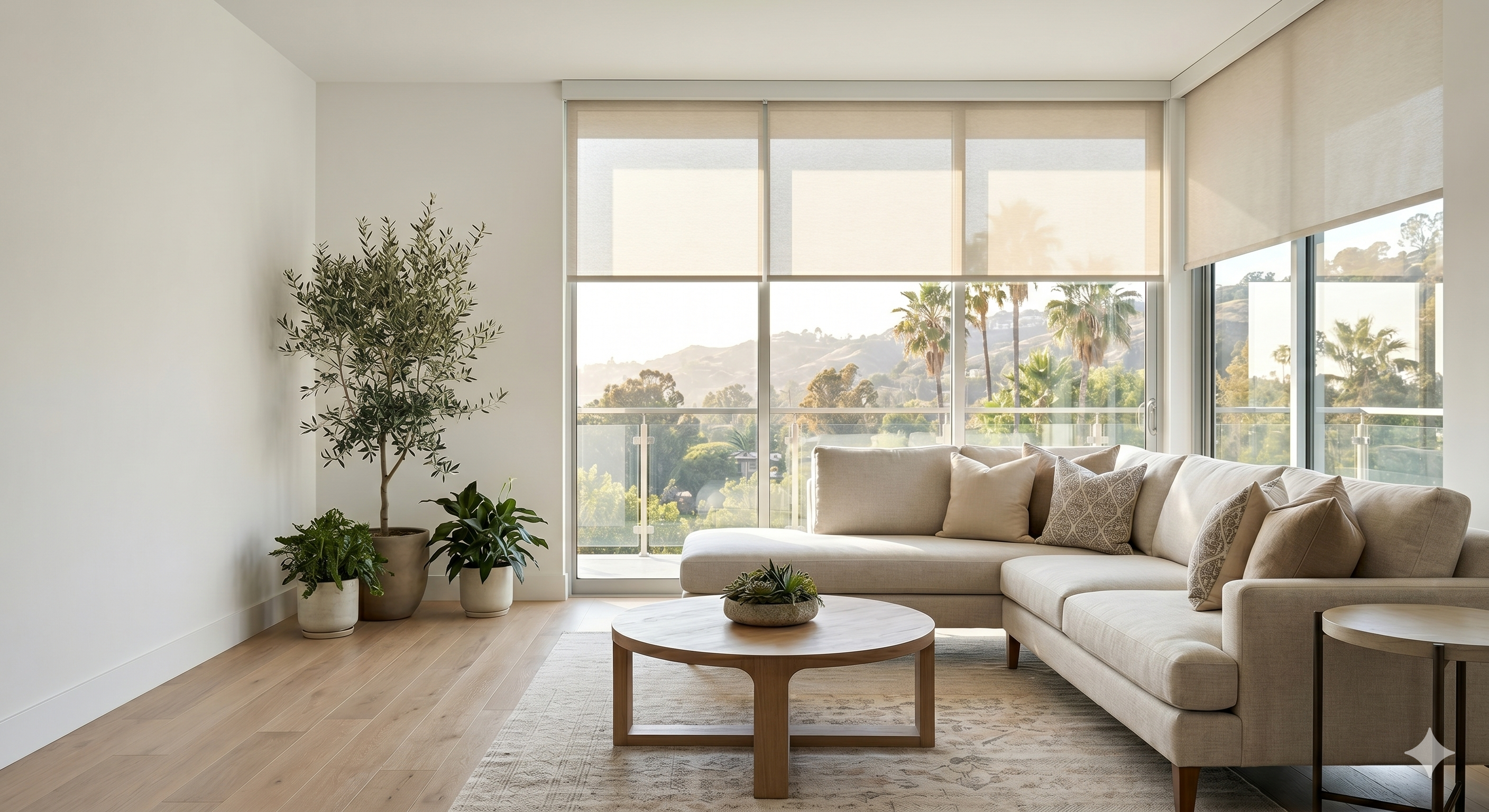 Sunlit living room fitted with custom roller shades