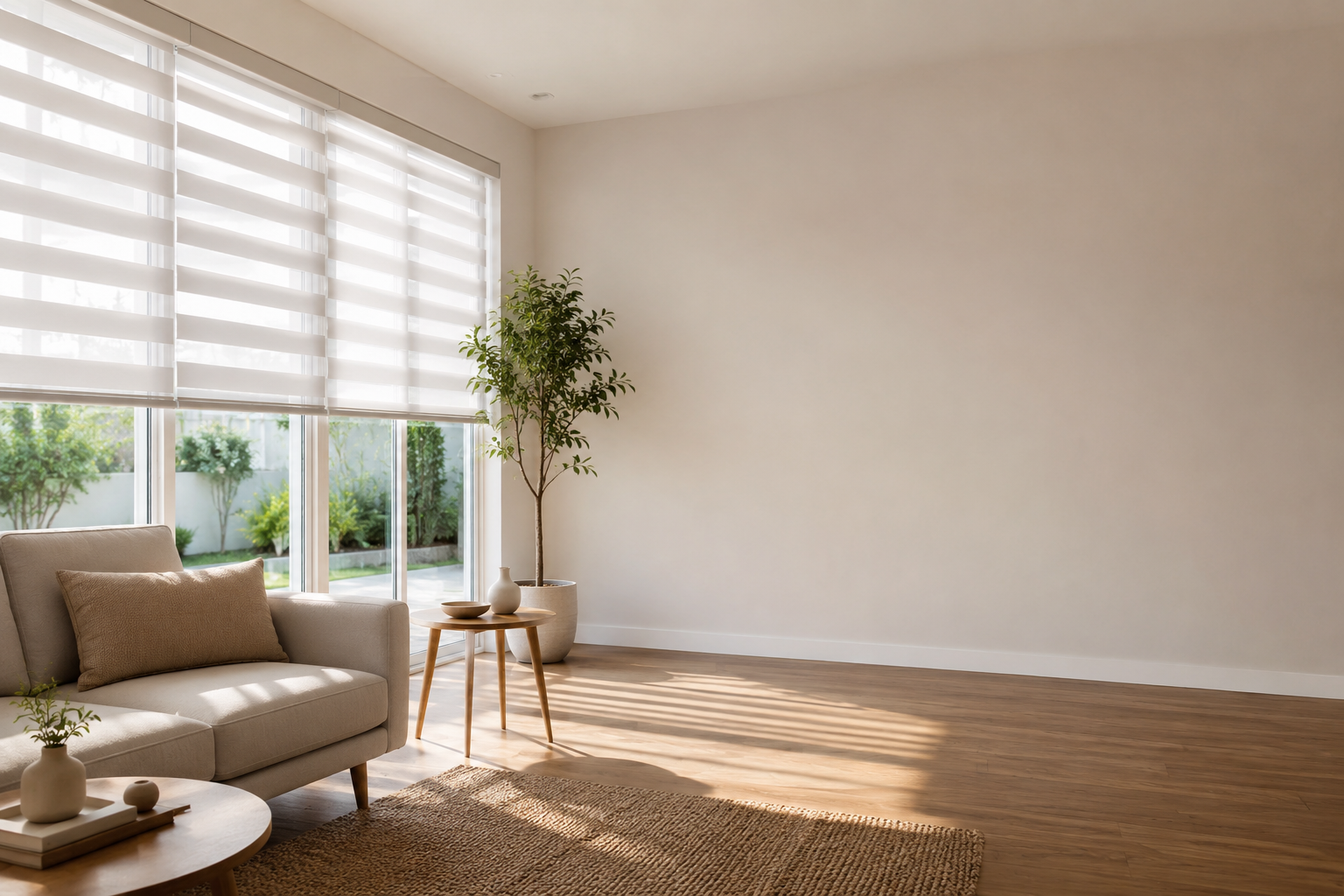 Modern room with layered zebra shades
